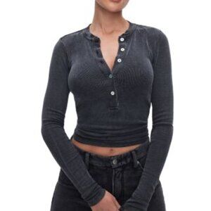Good American Women's Gray Jeanius Ribbed Henley Neck Crop Top Size 3
